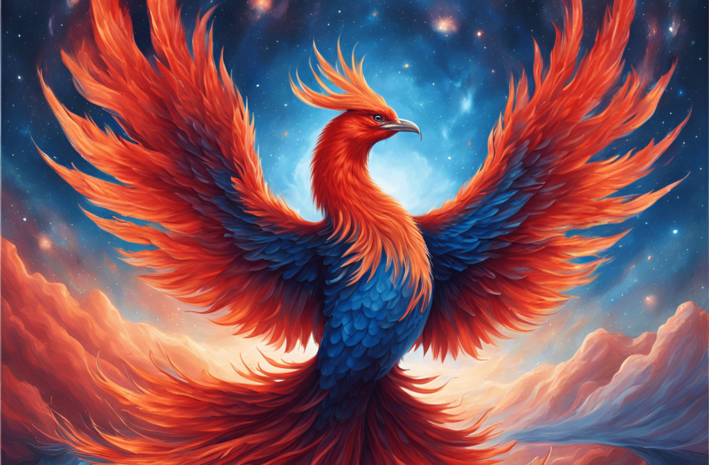 Vivid illustration of a phoenix rising with vibrant orange and blue feathers, symbolizing transformation and growth at Rising Phoenix Healing.